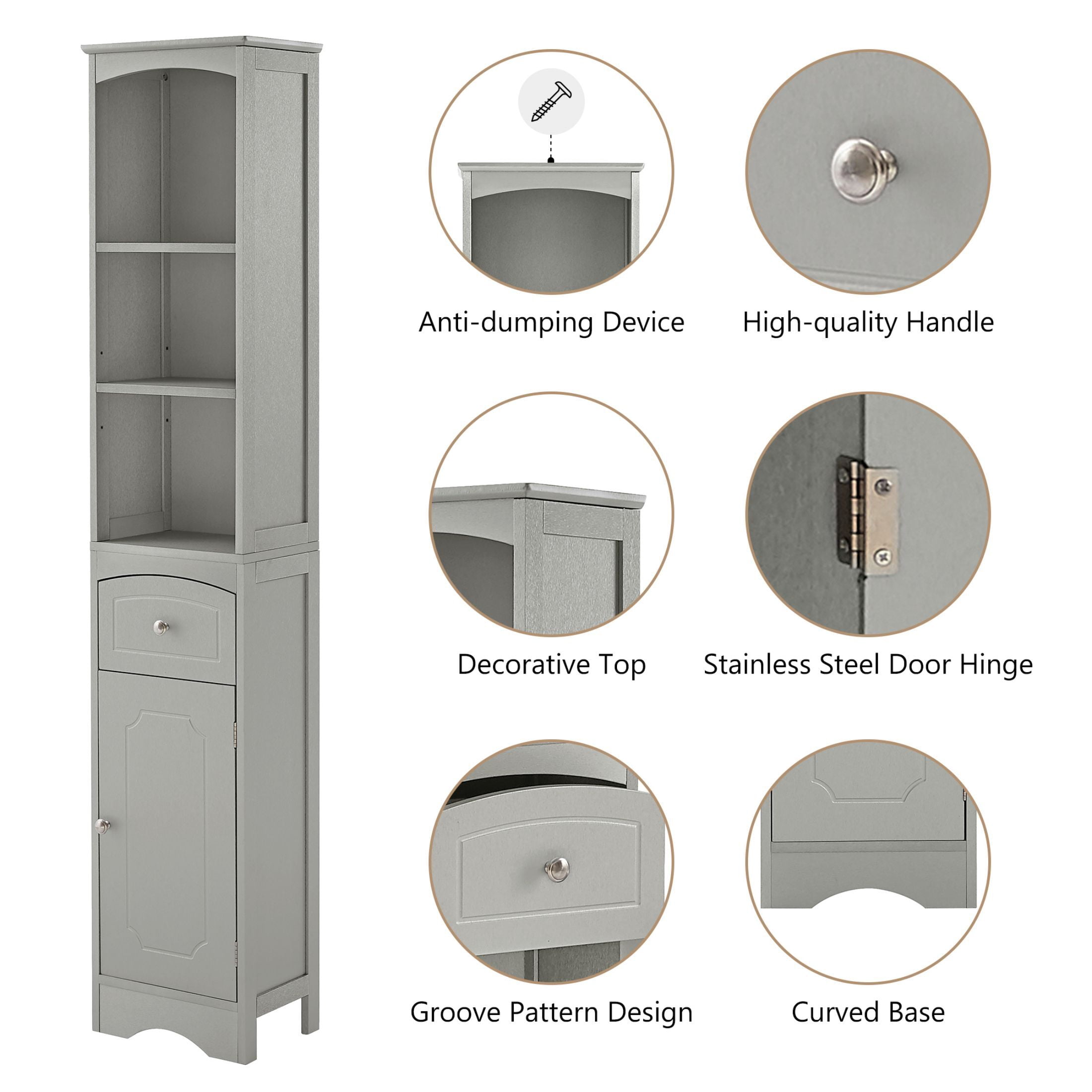 AENKYO Bathroom Cabinet with Adjustable Shelves, High Storage Cabinet with Open Spaces and Drawer, Gray
