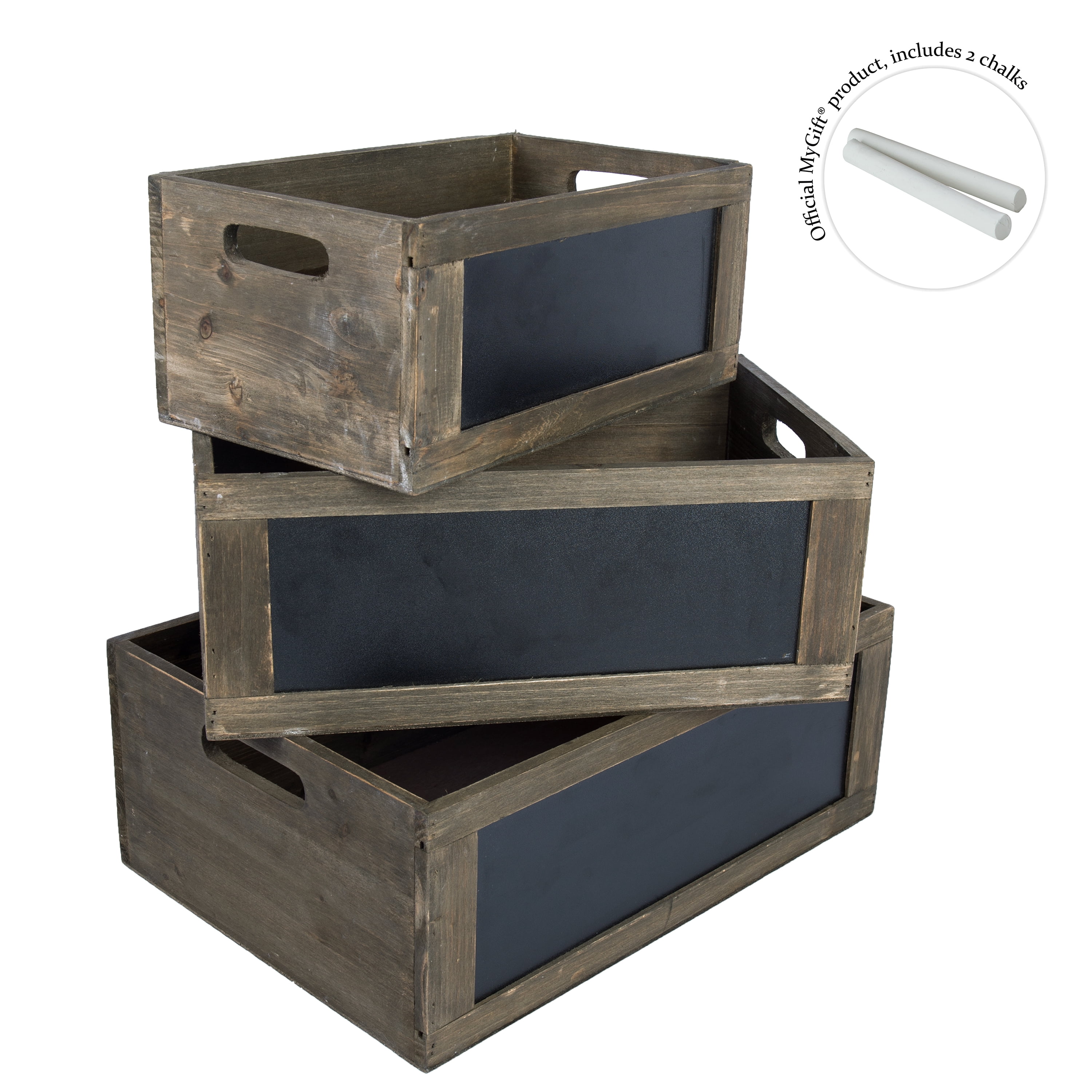 MyGift Rustic Grey Wood Storage Crates with Chalkboard Labels & Handles Set of 2 