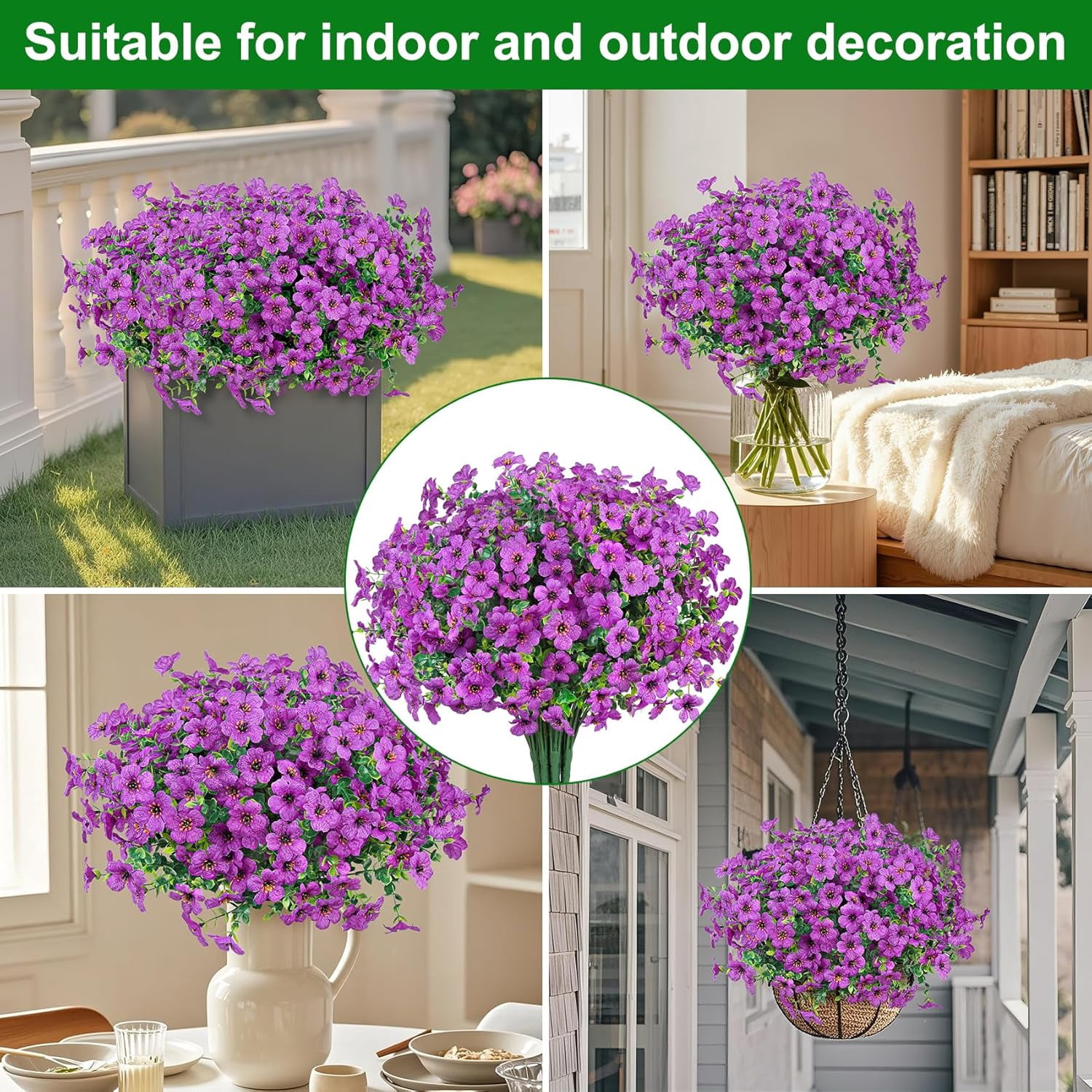 24 Bundles Artificial Flowers for Outdoors Fake Silk Flowers UV Resistant Faux Plastic Plants for Spring Summer Garden Porch Window Box Table Vase Home Indoor Outdoor Decoration, Purple