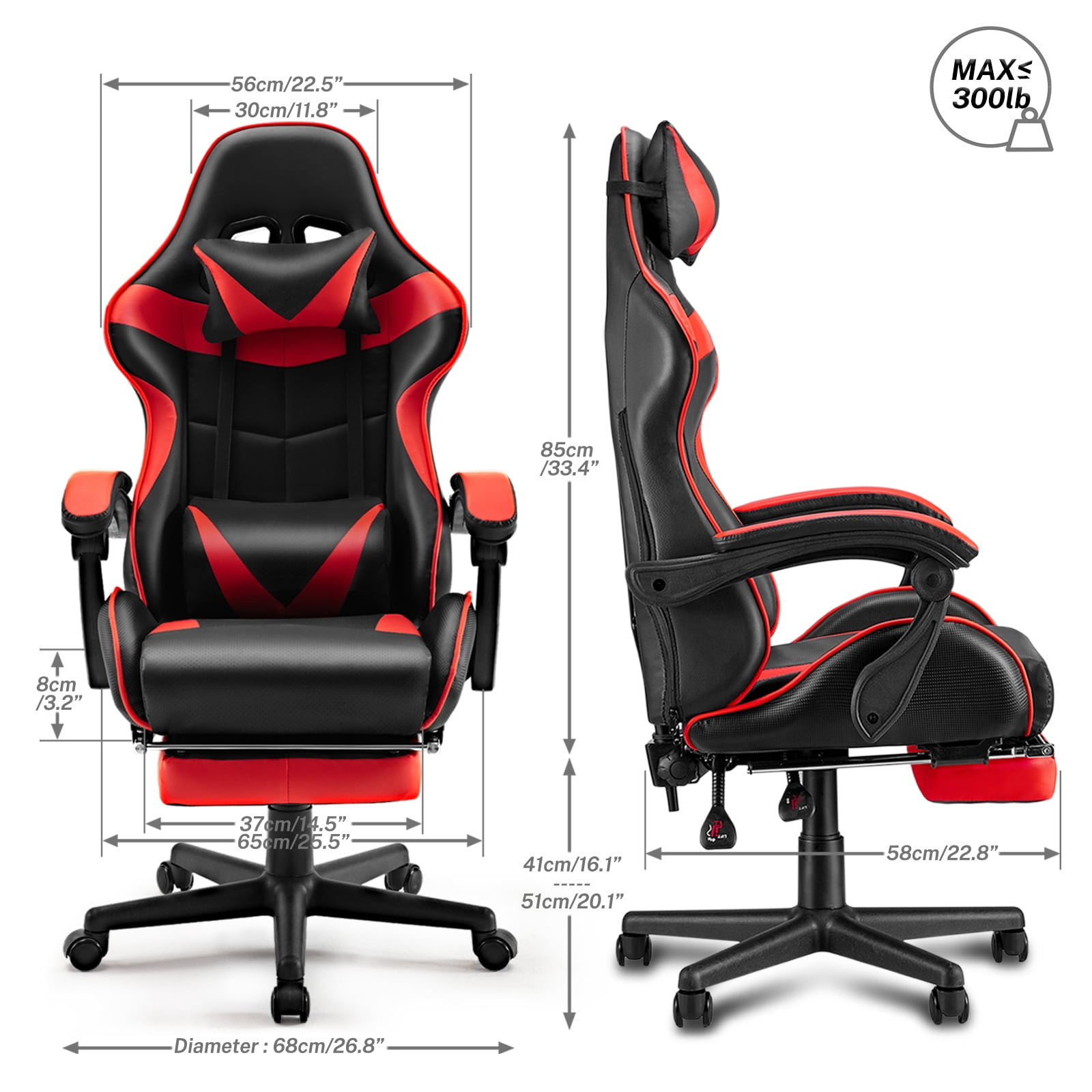 Luxvie Gaming Chair High Back Office Chair with Footrest, Headrest, Massage Lumbar Support Swivel Ergonomic Gamer Chair for Adults, Red