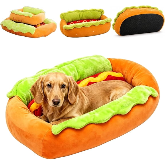 Hot Dog Dog Bed, Soft Plush Small Cute and Warm Cozy Food Dog Cat Bed, Plush Removable Washable Pet Bed, Soft Micro Suede Indoor Pet Sofa Nest, Washer and Dryer Friendly (S)