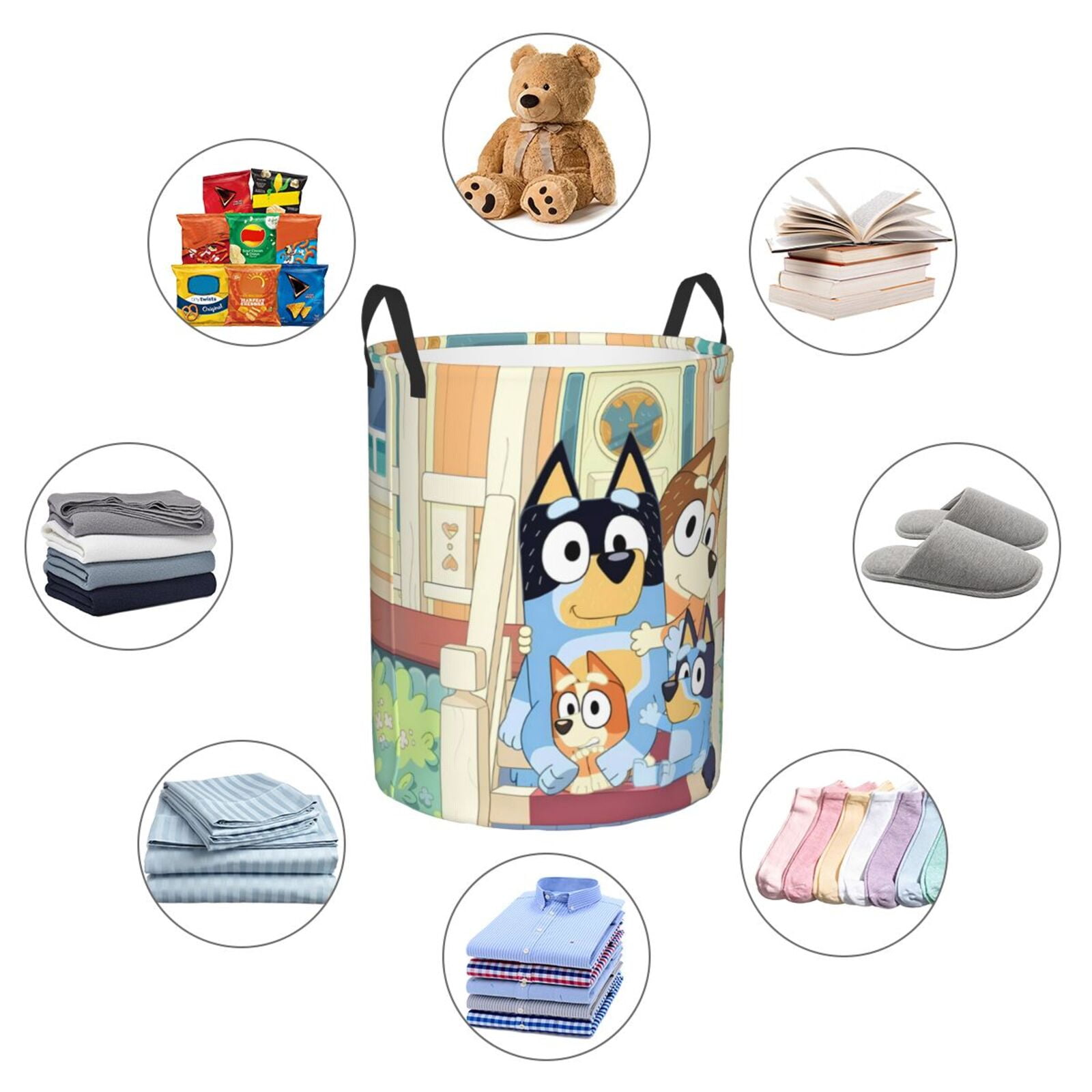 Silaia Bluey Print Round Laundry Clothes Hamper,Laundry Basket with Handles,Baby Toys Storage Organizer,Bins Laundry Basket for Bathroom, Bedroom Decorate-Small
