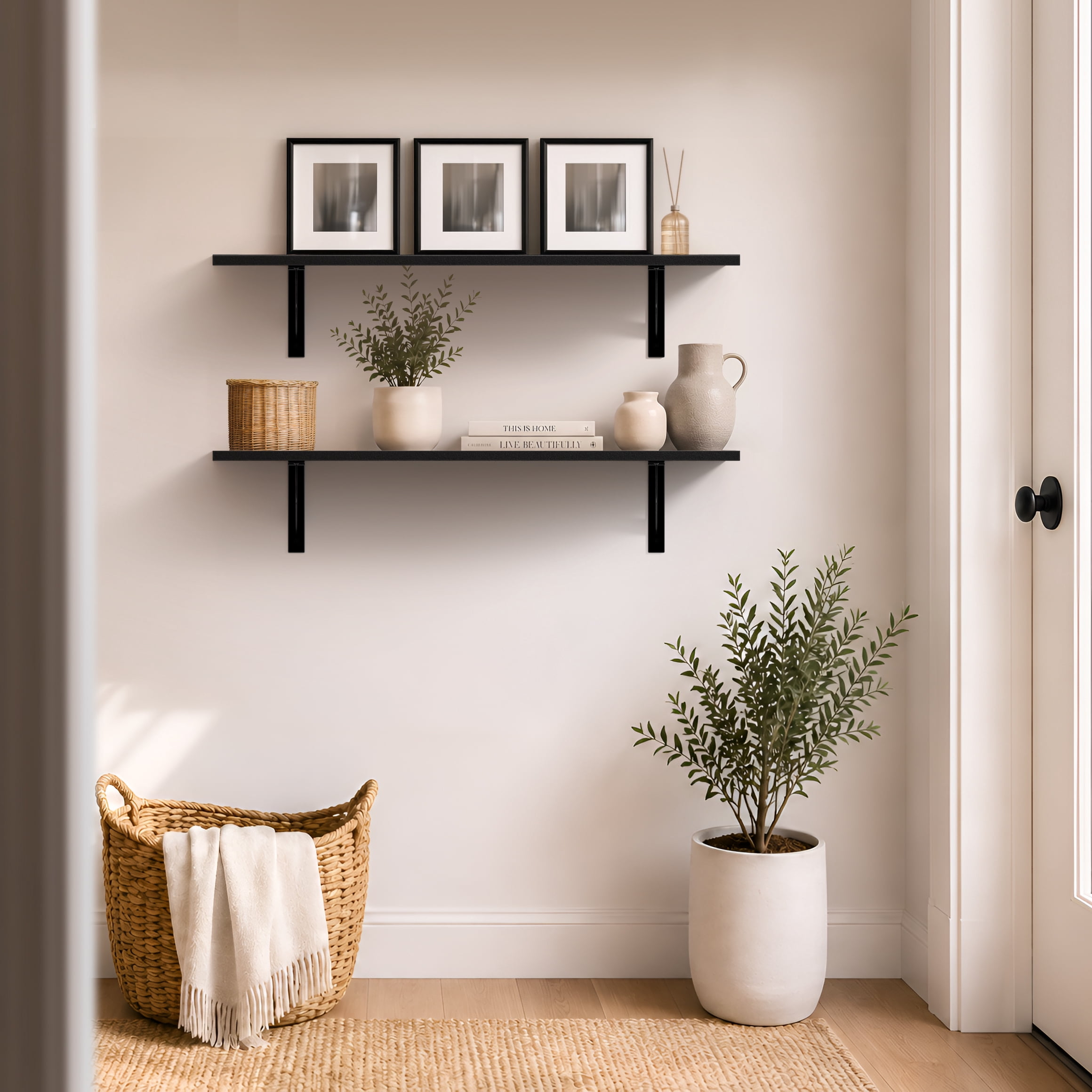 Sorbus 31.5 in Wood Wall Shelves with Black Metal Brackets, Black, 2-Piece Set