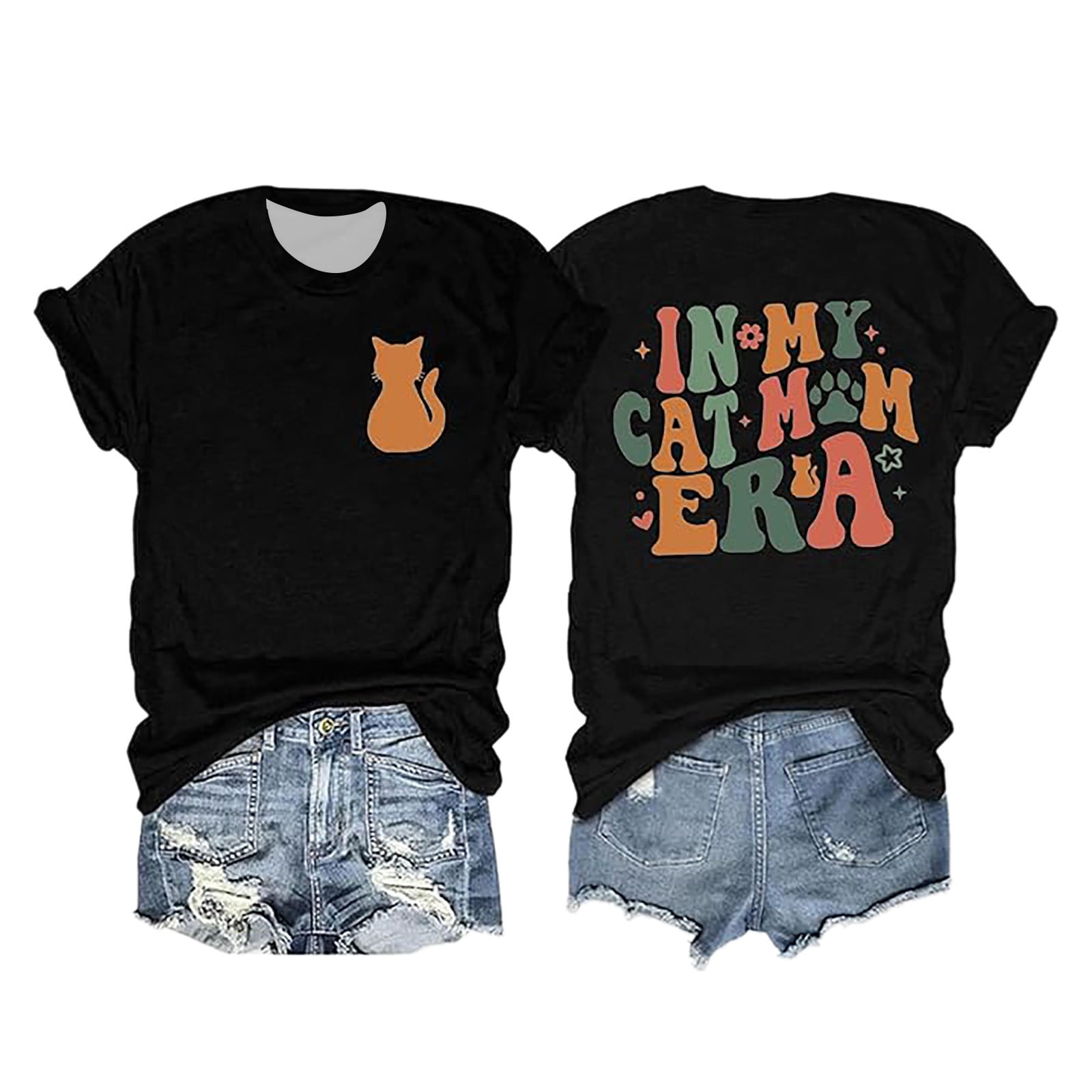 Active Tops Women T-Shirts Cat Mom Shirts For Women Cat Mama T Shirt Pet Lover Tops Funny Women Cat Graphic Tee Black L
