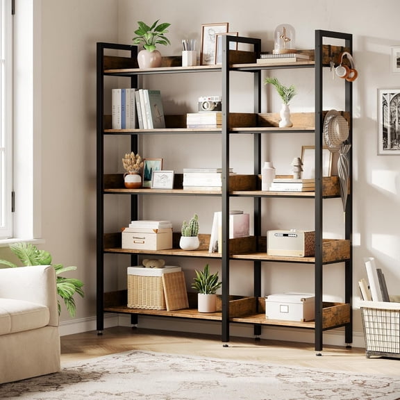 Memoryfield 5-Tier Corner Bookshelf, Convertible Bookcase with 4 Hooks, Industrial Metal Frame Bookshelves with Open Shelves for Living Room, Bedroom, Home Office, Brown