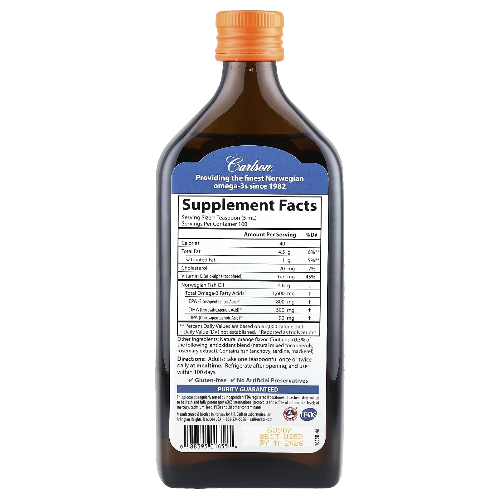 Carlson Labs The Very Finest Fish Oil Liquid, Orange, 16.9 oz.