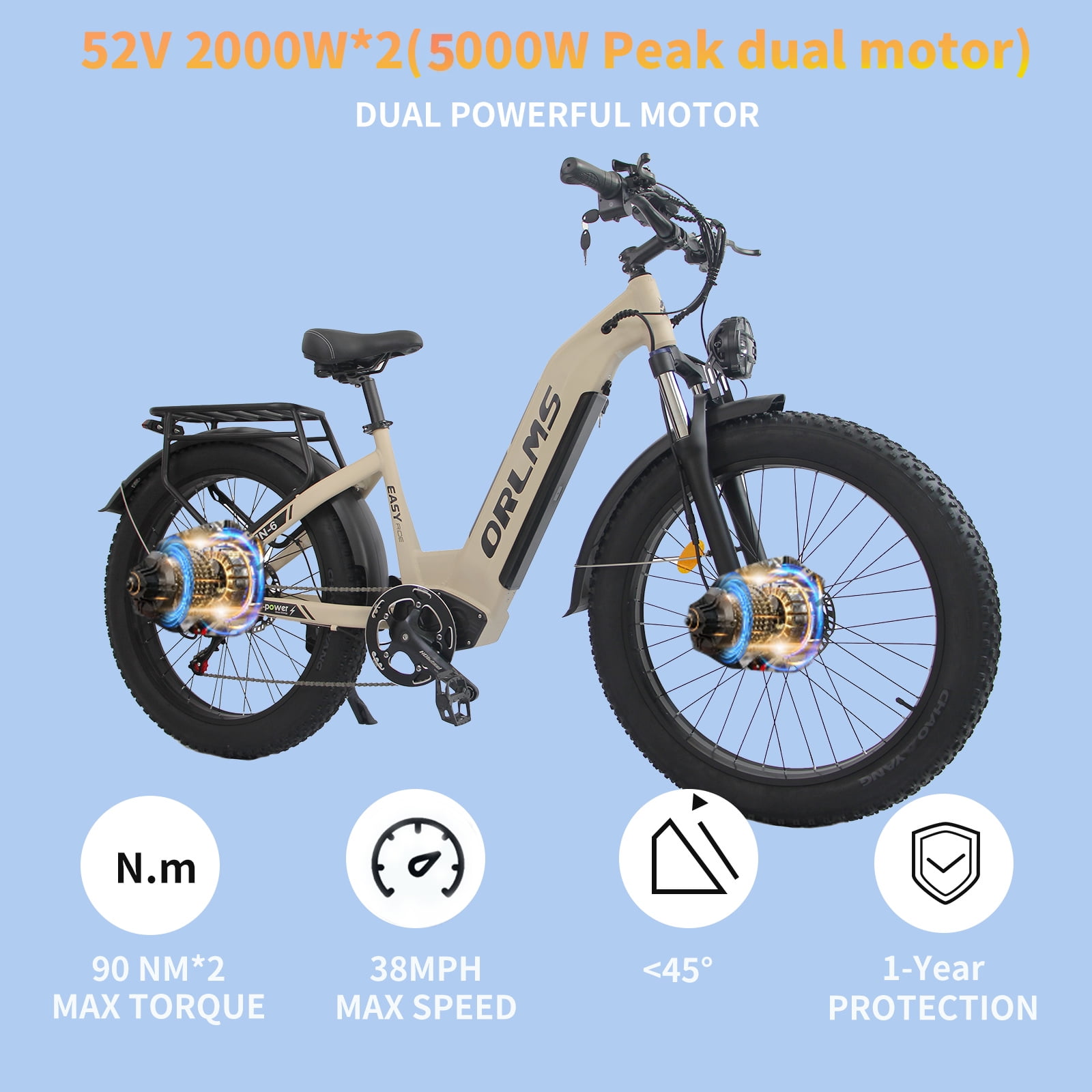 5000W Peak Dual Motor AWD Electric Bike, 52V 23AH 7-Speeds 40MPH 26" Fat Tire Mountain Snow E Dirt Bicycle