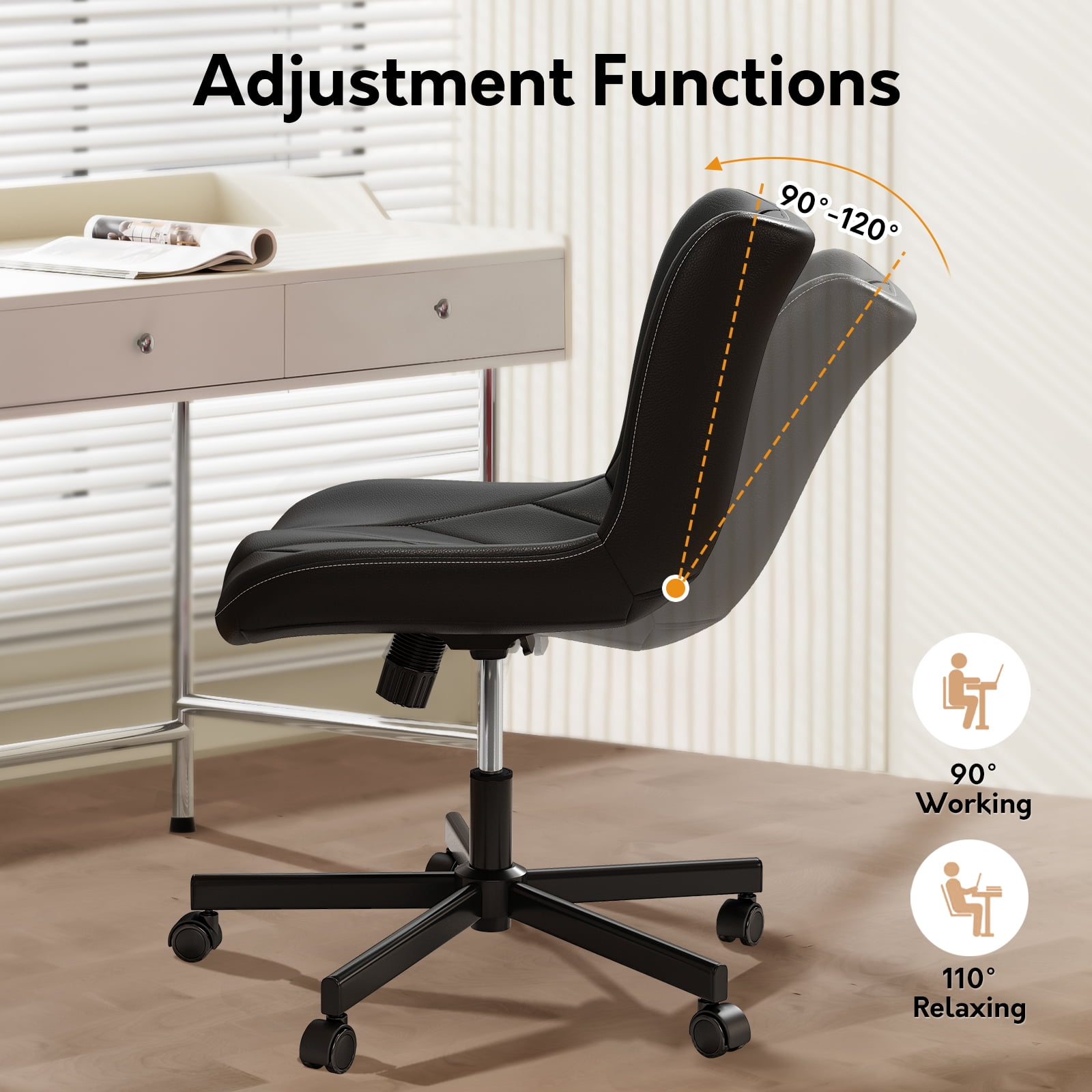 Ninecer Adjustable Armless Office Chair, Leather Desk Chair with Wheels, Office Chair for Home Office, Computer Rolling Chair for Adults, Comfy Task Chair, Black