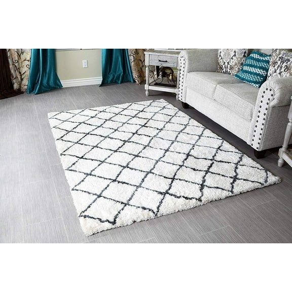 5 X 7' Creamy White Grey Shag Rug - Moroccan Trellis Design Shaggy Rug - Contemporary Living Room & Bedroom Soft Handmade Area Rug by MystiqueDecors