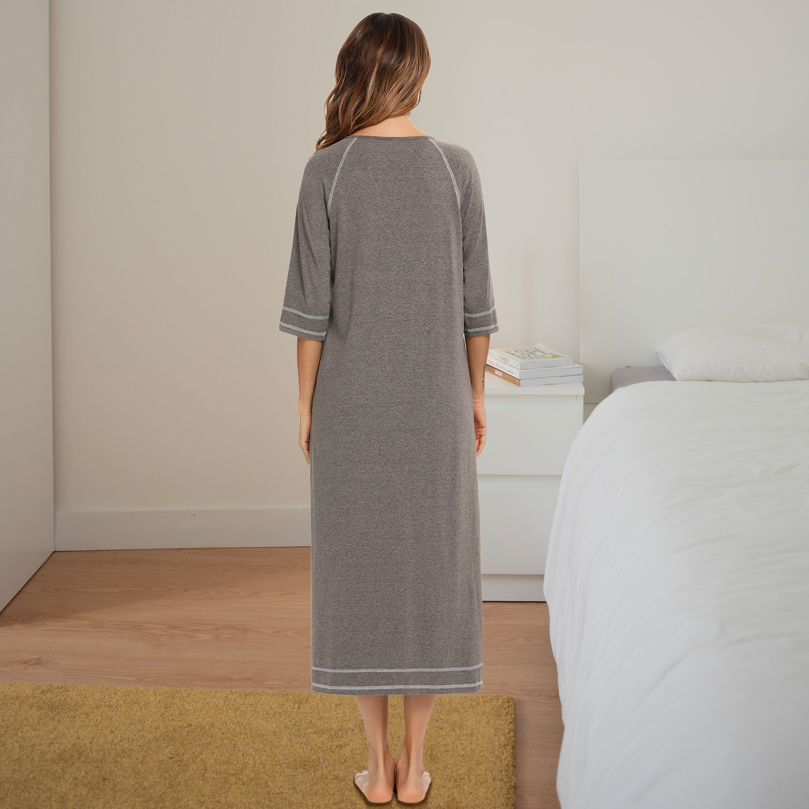 LOFIR Women Zipper Front Robes 3/4 Sleeve Loungewear Pockets Nightgown Loose-Fitting Ladies Long Sleepwear(Grey,L) - image 4 of 7