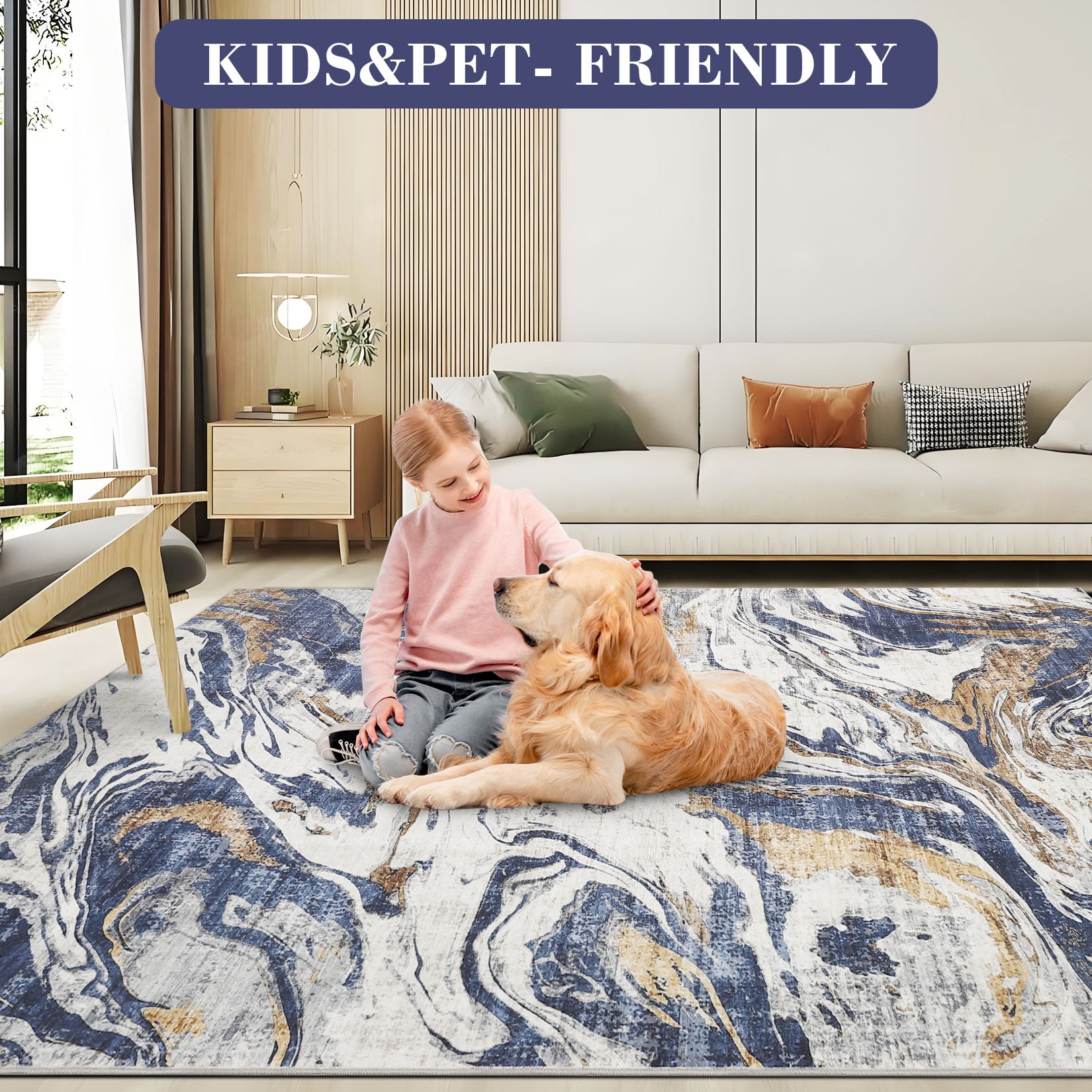 9'x12' Machine Washable Area Rug – Modern Marble Abstract Low Pile Non-Slip Living Room Carpet