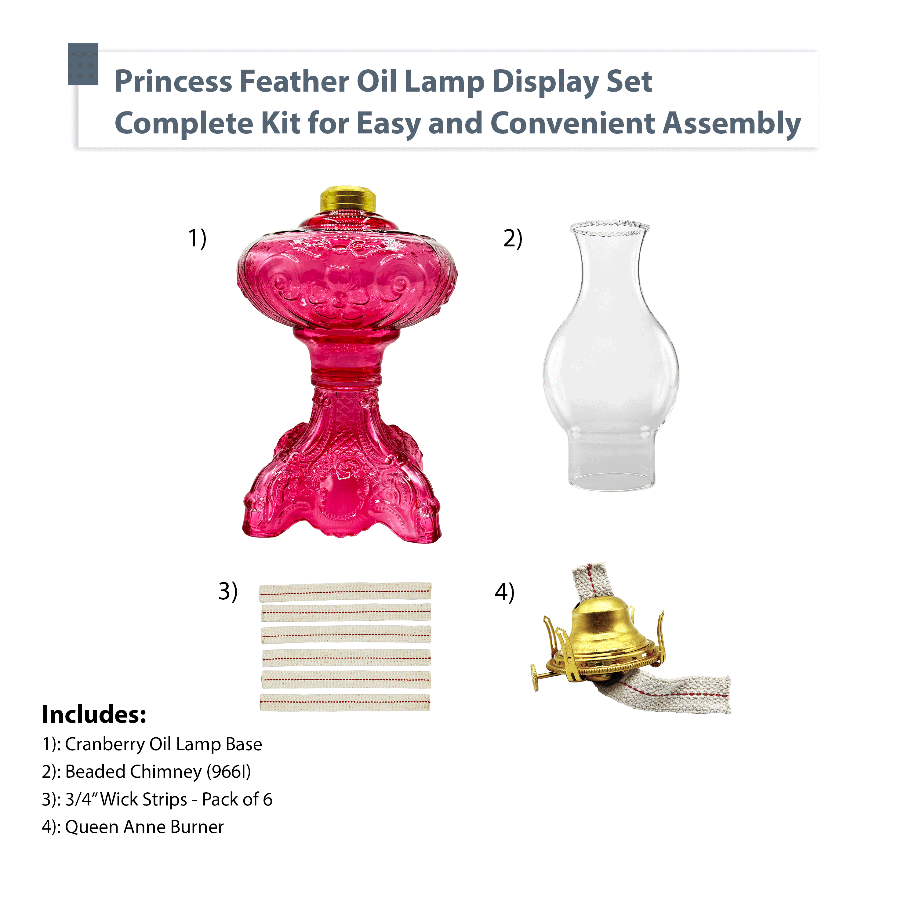 Light Of Mine Princess Feather Oil Lamp Ornate Decorative Antique Pedestal Style Glass Oil Hurricane Lamp Clear with 3/4" Wick roll Cranberry