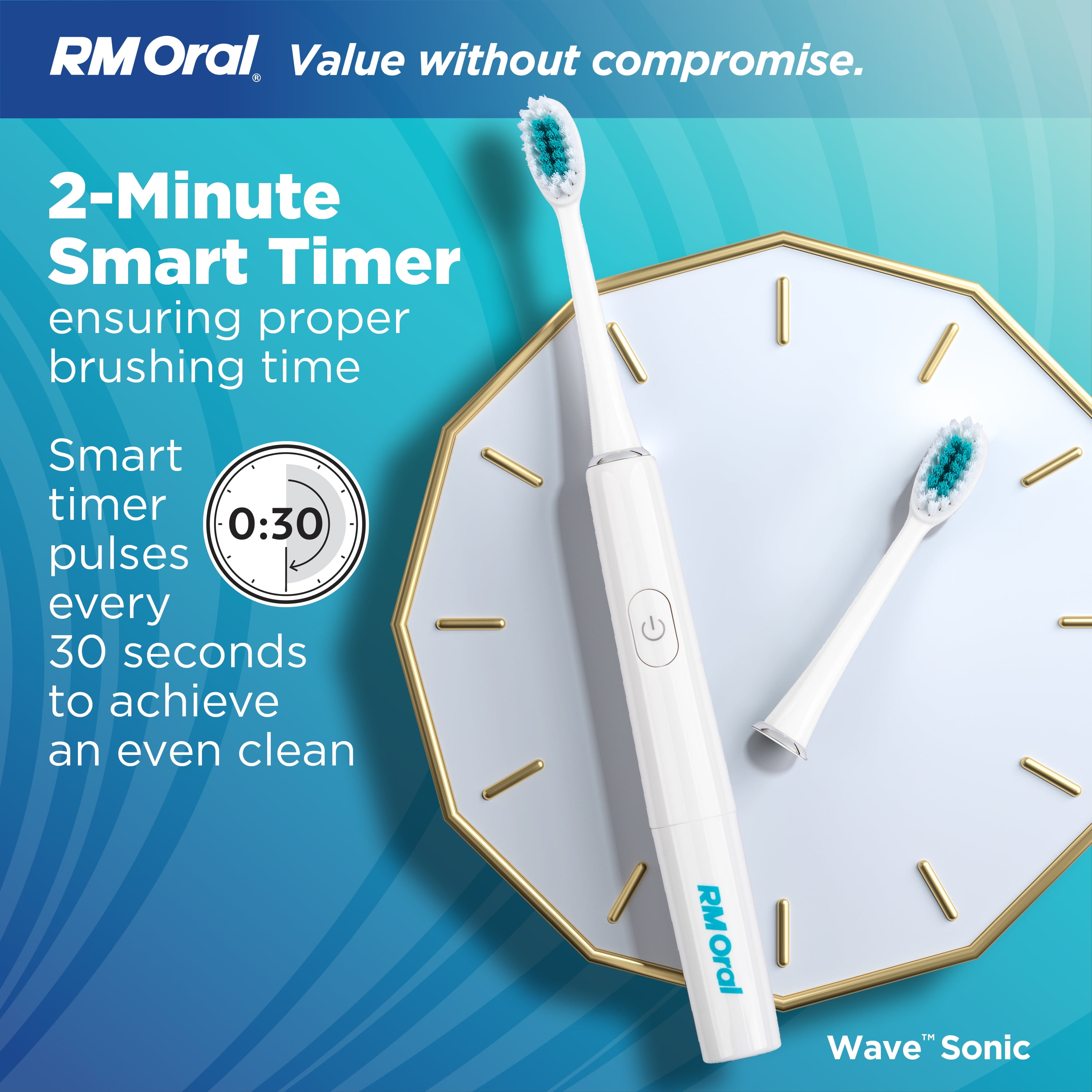 RM ORAL Wave Sonic Battery Toothbrush, Soft Bristles, 56,000 Sonic Vibrations, Travel Case, White