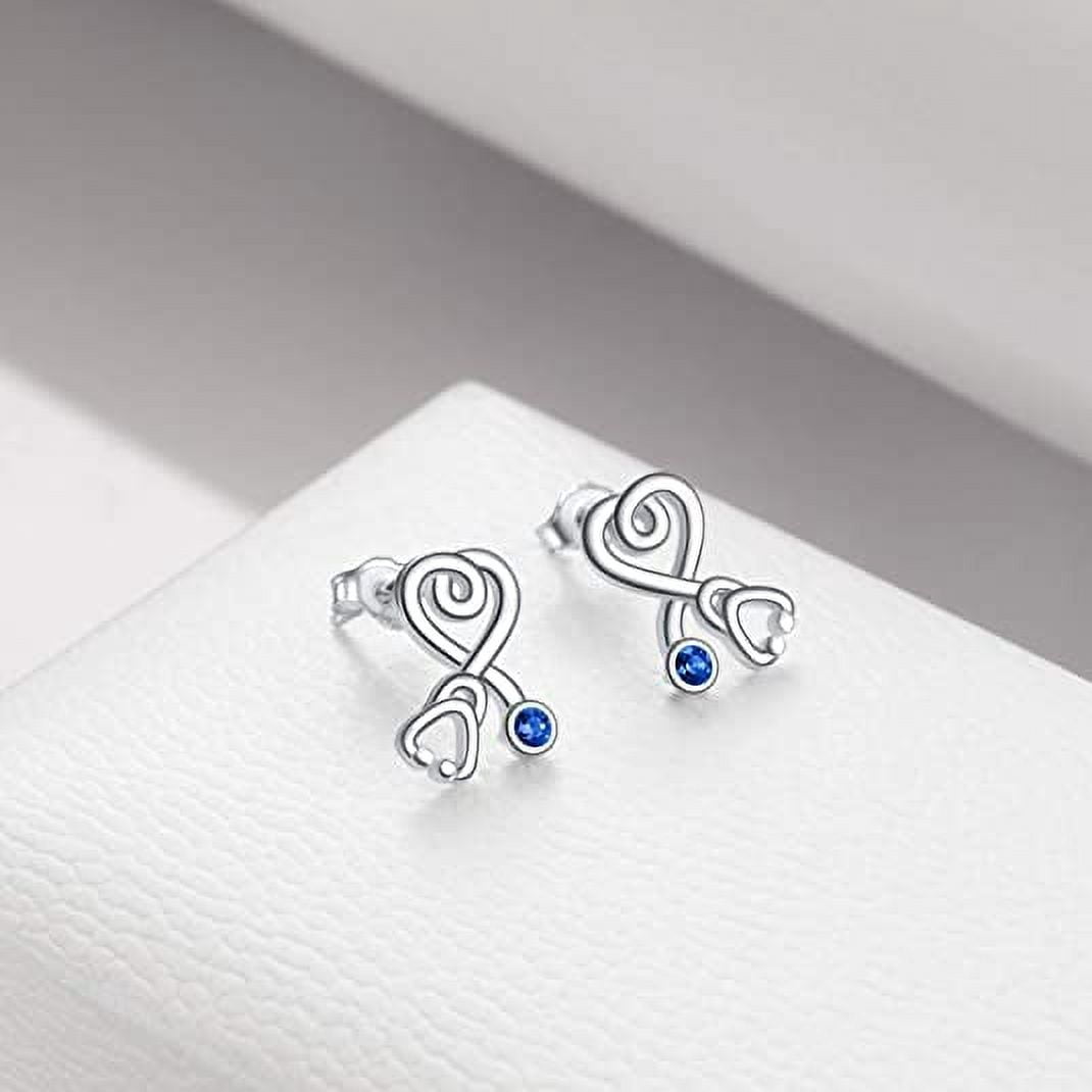 AOBOCO Nurse Day Gifts Sterling Silver Stethoscope Earrings Simulated Birthstone Crystals, Fine Jewelry Gifts for Nurse Doctor RN Medical Student