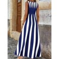 thumbnail image 2 of Plus Size Womens Blue And White Geometric Stripe Sleeveless Maxi Dress With Side Pockets, 2 of 6