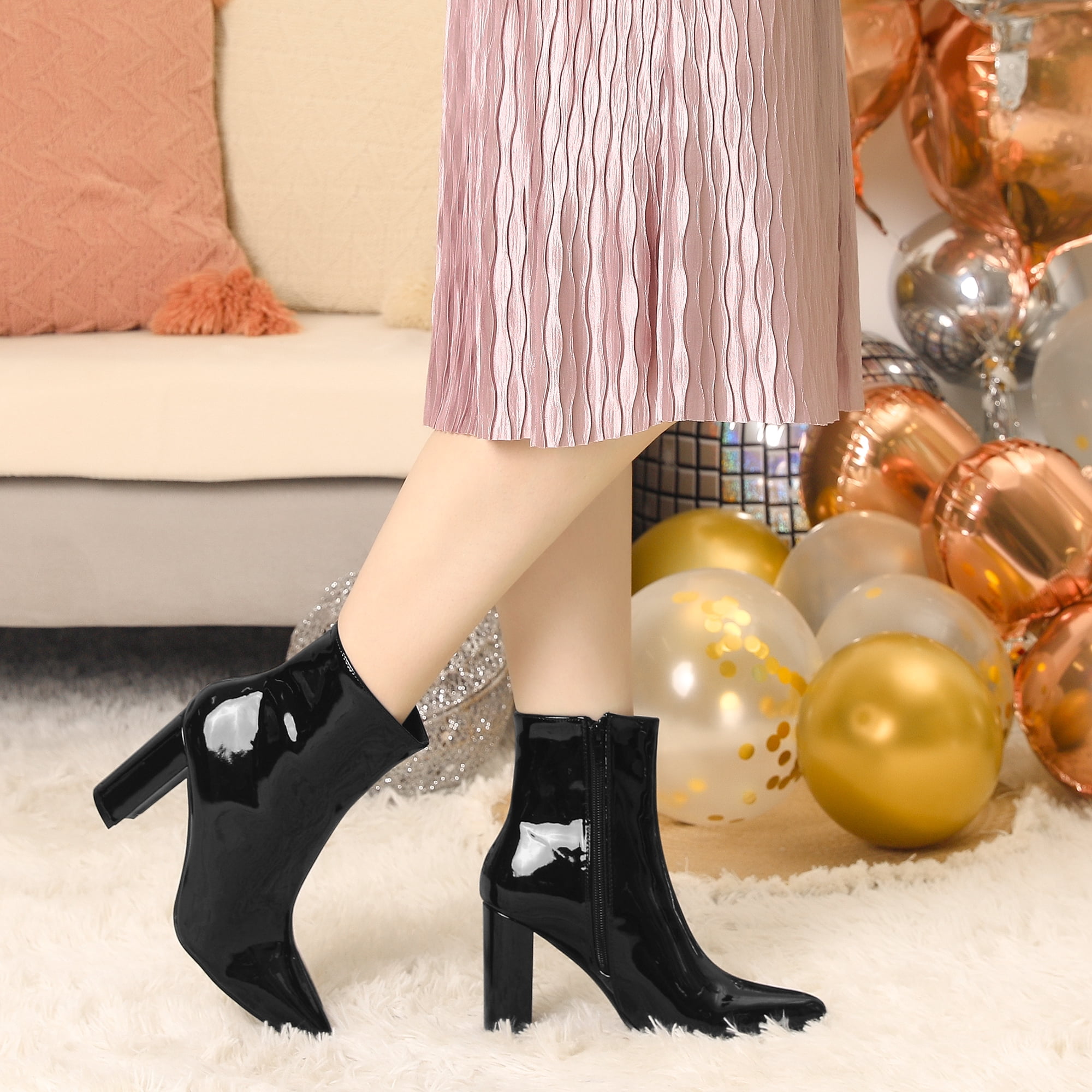Unique Bargains Women's Pointed Toe Side Zip Chunky Heels Ankle Boots Black 8