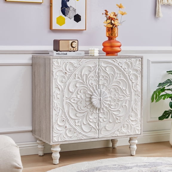 Vintage French Style Accent Cabinet with Storage, 30.7" Sideboard Buffet Cabinet with 2 Floral Carved Doors & Distressed Design, Hallway, Dining Room, Antique White 1PC