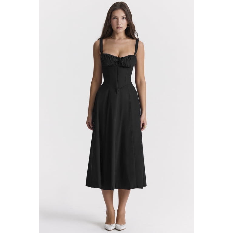 Eternatastic Women's Corset Dress Sleeveless Split Flowy Midi Dress French Style Spaghetti Strap Beach Vacation Dress XXL Black