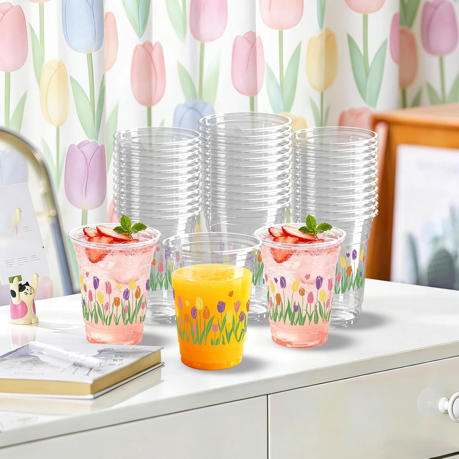 100 Pcs Tulip Floral Plastic Cups 12 oz Easter Floral Drinking Cup Flower Spring Summer Disposable Cold Beverage Cup for Spring Birthday Wedding Baby Shower Party Supplies