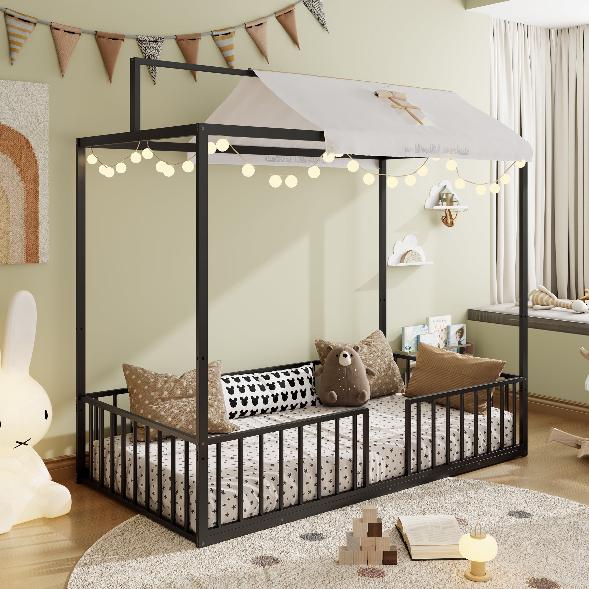 Euroco 3-in-1 Convertible Montessori Metal Bed, Toddler Bed, Floor Bed, Platform Bed,Modern Minimalist Design Canopy Bed Flame, Easy Assembly, Twin Size, Black