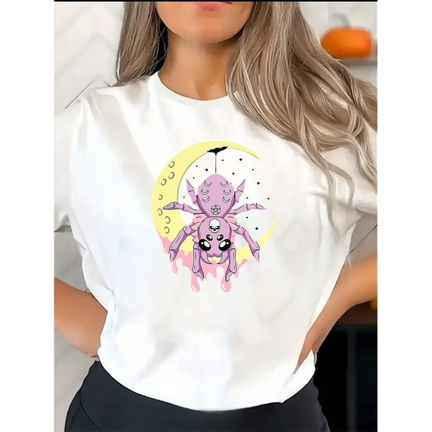 Camiseta de manga corta para mujer transpirable Moda de veranoWomen's Fashion Casual Round Neck Short Sleeve T-Shirt, Geometric Moon Spider Skull Print, Polyester, Stretch Knit Fabric, Comfortable S