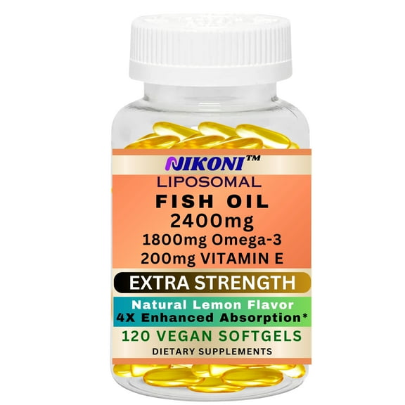 Extra Strength Fish Oil, 2400mg softgels with Over 1800mg of Omega-3. High EPA and DHA Wild Caught, 120 Liposomal Vegan Softgels