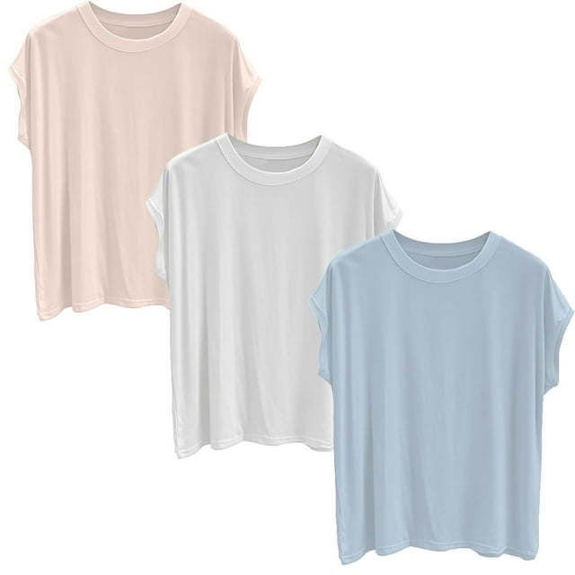 Yubnlvae Lot de 3 T-Shirts de Base en Modal - T-Shirts à Col Rond Doux à Manches Courtes pour Femmes (Port Quotidien Respirant / Confort Léger) (L / m)