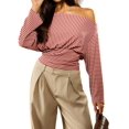 thumbnail image 2 of Women'S Off the Shoulder Striped Sweaters Oversized Long Sleeve Knit Pullover Tops Red S, 2 of 9