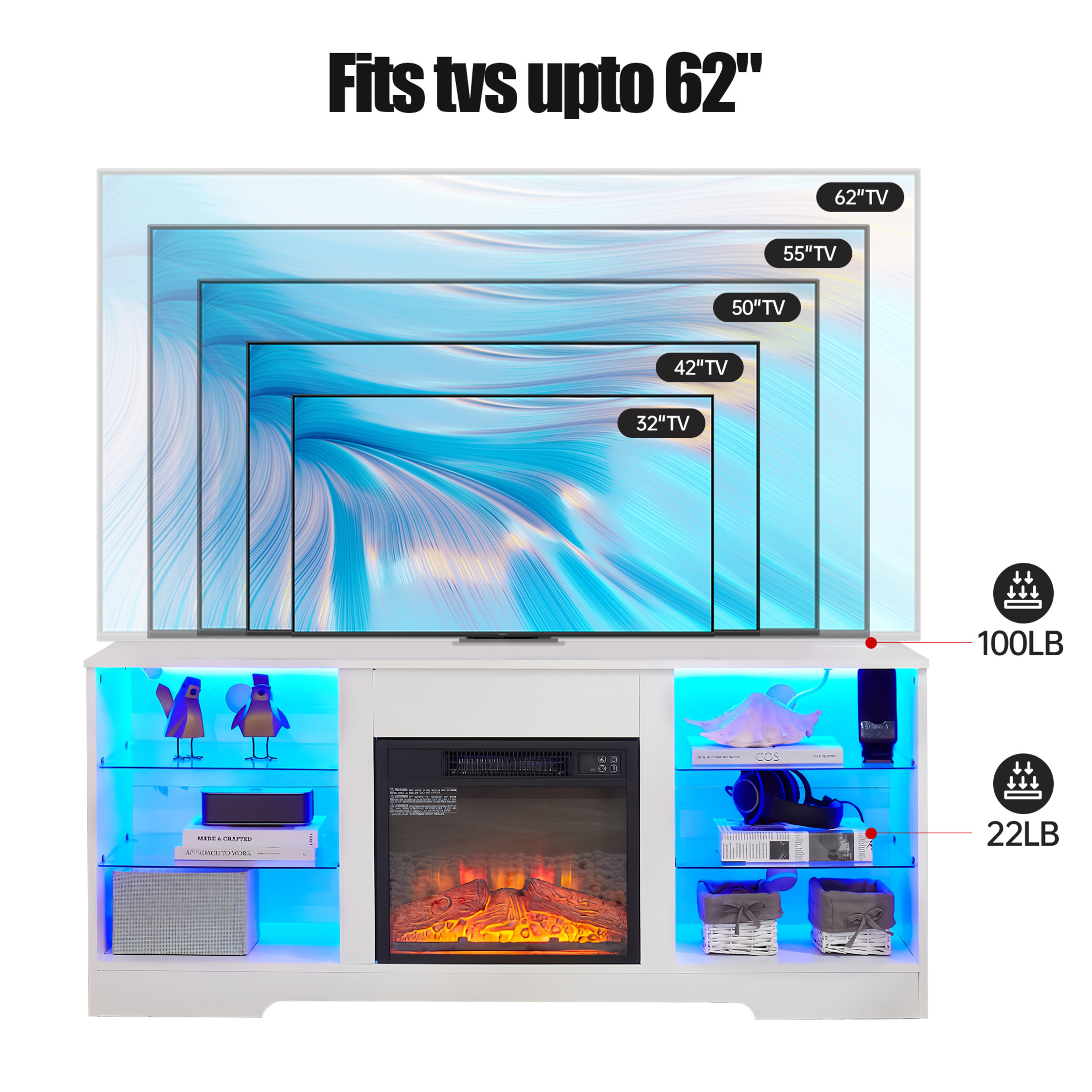 Noble House Hector 58" Electric Fireplace TV Stand, Media Console with Glass Shelves, Cable Hole, 62" TVs, White