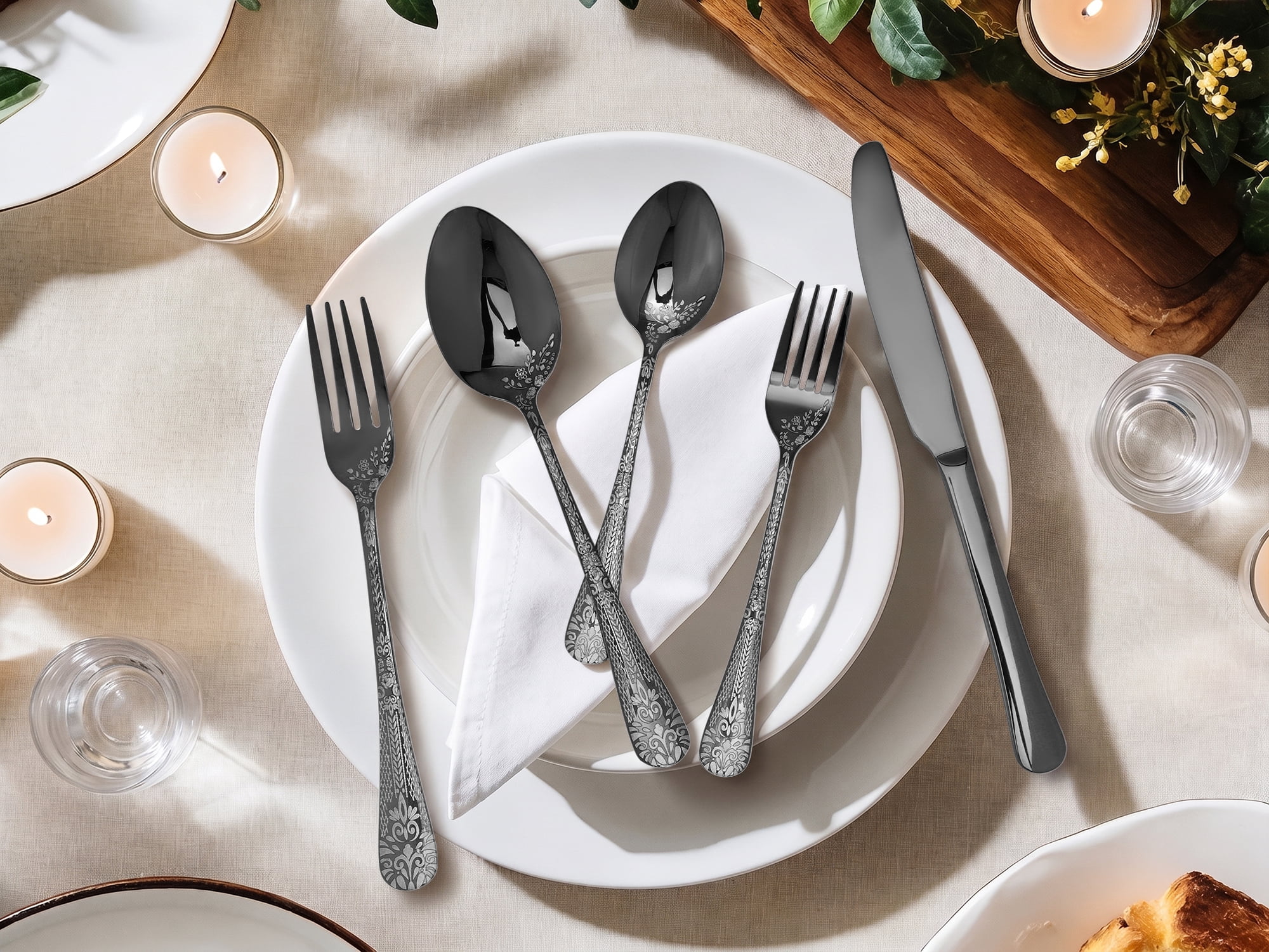 Unique Bargains 20 Piece Floral Stainless Steel Flatware Set for 4 Modern Cutlery Black