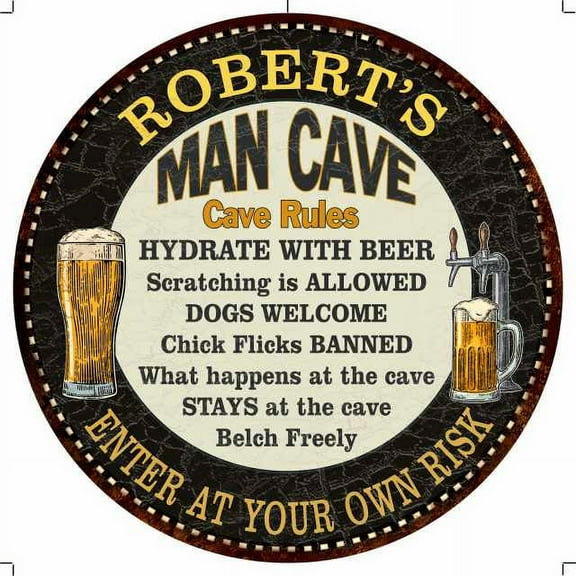 ROBERT'S Man Cave Rules 14" Round Metal Sign Garage Wall Decor 100140010340