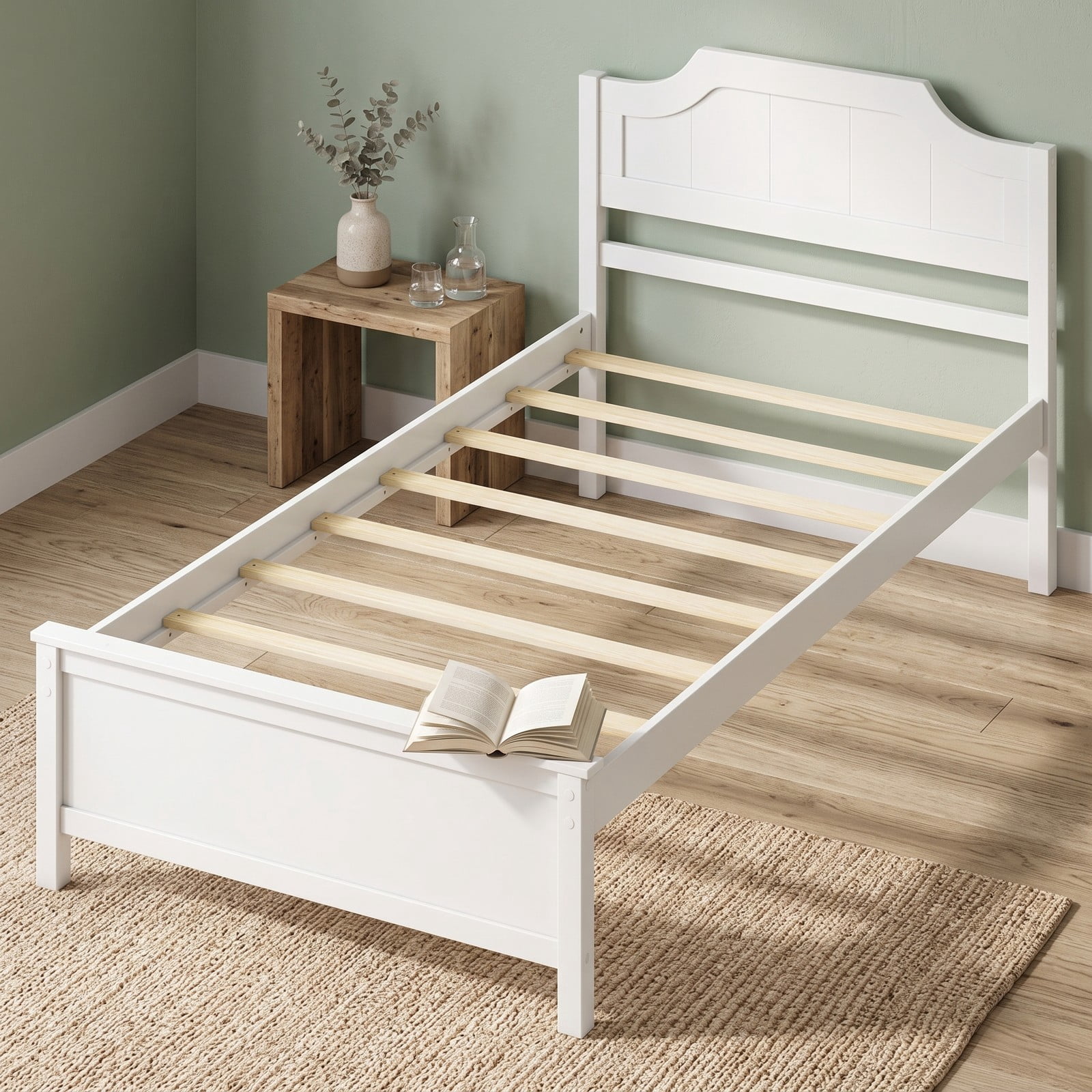 Furnibear Twin Bed Frame Solid Wood Platform Bed with Curved Headboard and Footboard, Wood Bed Frame with Headboard No Box Spring, White