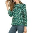 thumbnail image 4 of Allegra K Women's Ruffled Floral Print Relax Fashionable Long Round Neck Shirt  S Green, 4 of 6