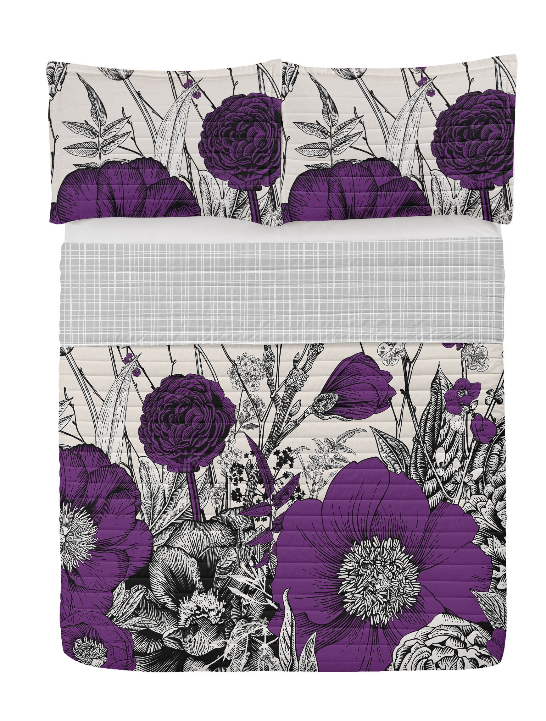 Dogwood Flower Reversible Bedspread Set, Retro Spring Bush Cherry Bloom