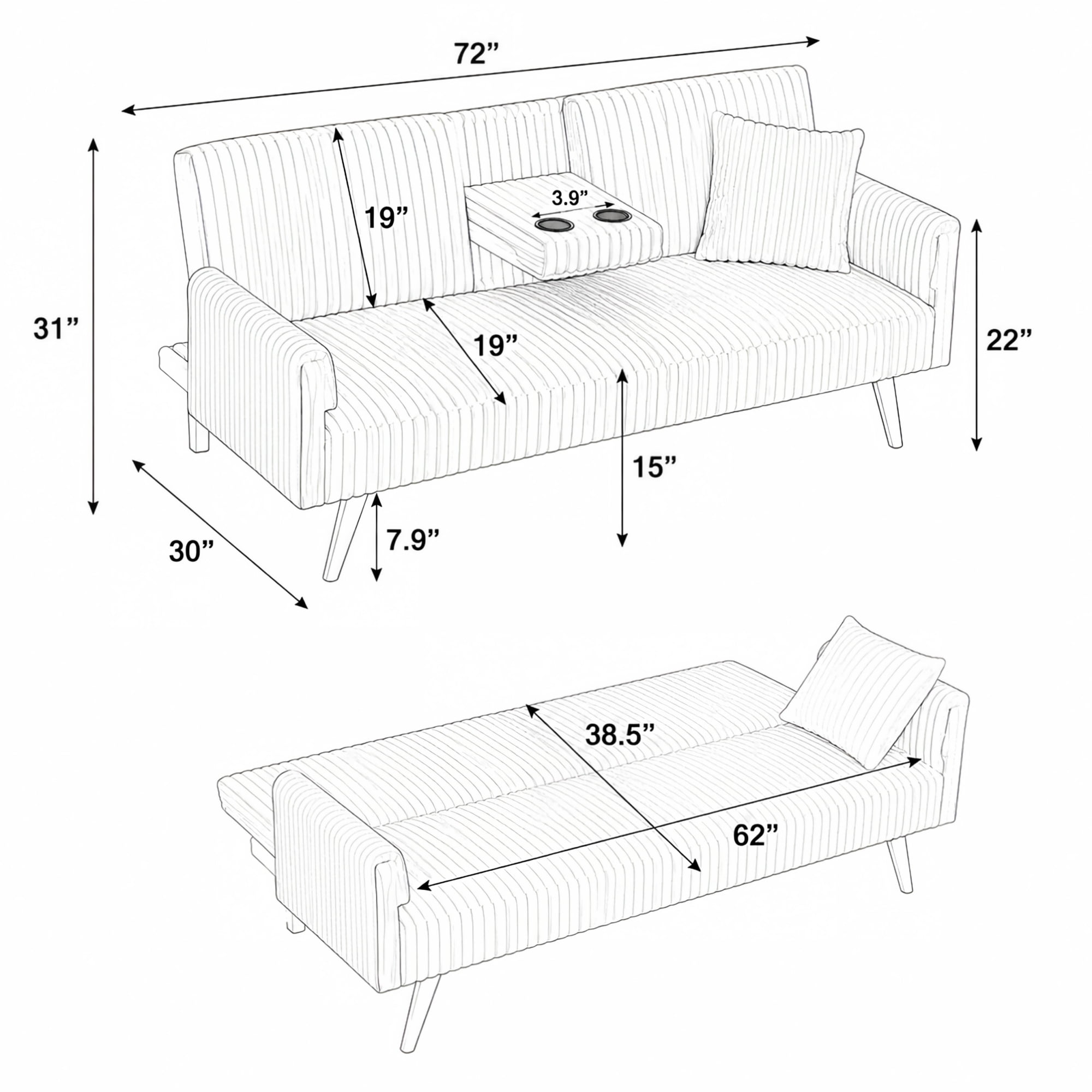 BSHTI 72" Corduroy Sofa Bed with Pull-Out Cup Holder, Adjustable Back, Straight-Line Design for Living Room（Pink）