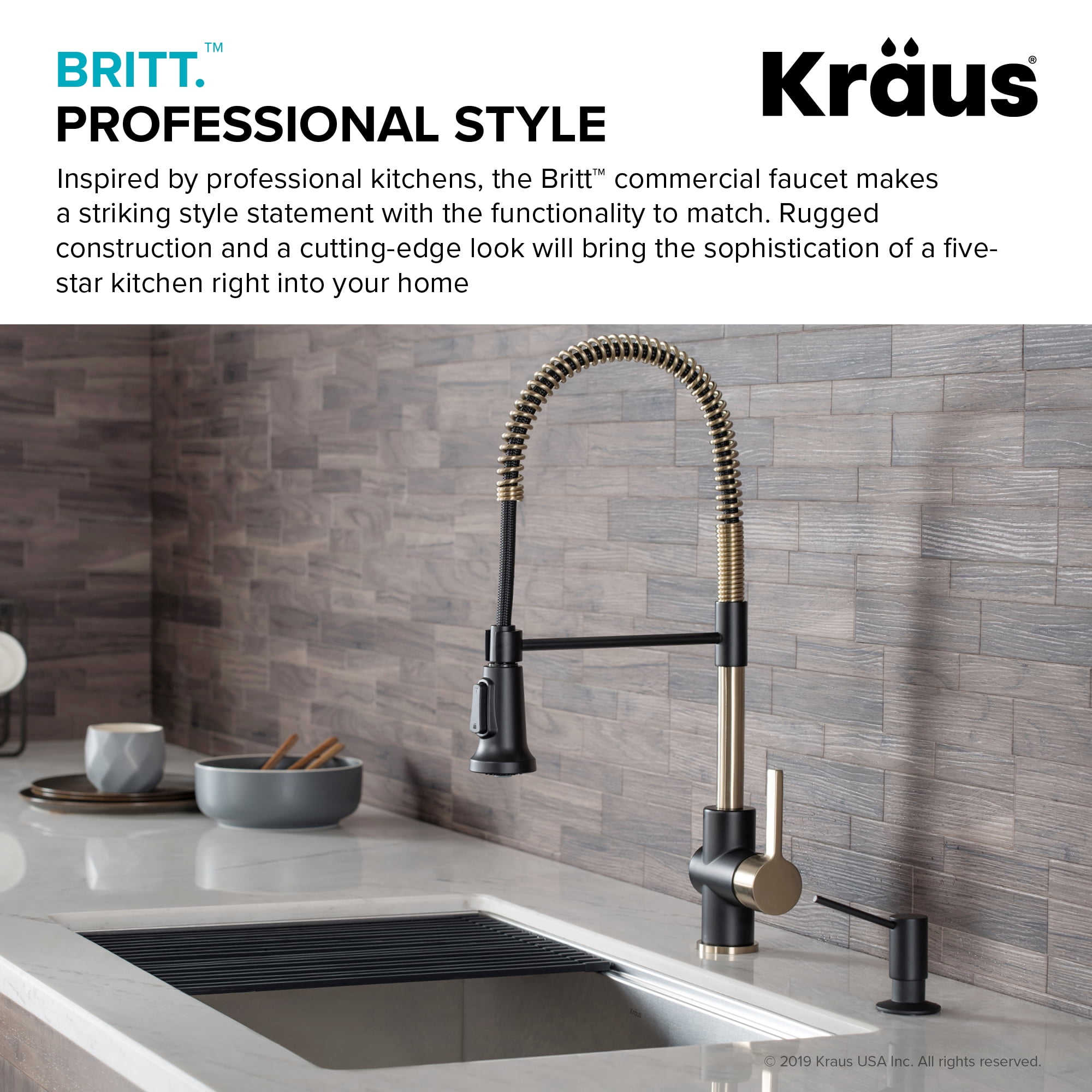 Kraus Britt Single Handle Commercial Kitchen Faucet with Dual Function Sprayhead In Brushed Gold/Matte Black