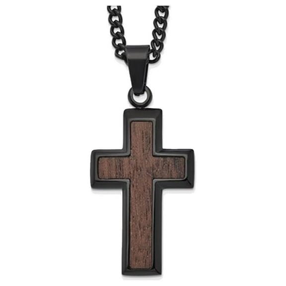 Mens Black Plated Stainless Steel Wood Inlay Cross Pendant Necklace with Chain for Men