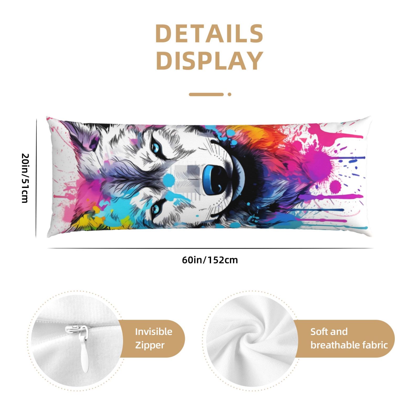 Naloa Cool Colorful Wolf Super Soft 20x60 Body Pillow Case,Long Side Hidden Zipper（PILLOWS ARE NOT INCLUDED）