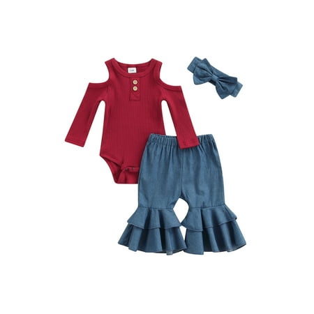 

Sunisery 2Pcs Toddler Baby Girls Clothes Sets Ribbed Knit Long Sleeve Romper + High Waist Flare Trousers + Headband Wine Red 9-12 Months