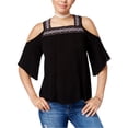thumbnail image 1 of Crave Fame Womens Embroidered Cold-Shoulder Pullover Blouse, Black, Juniors, Medium, 1 of 1
