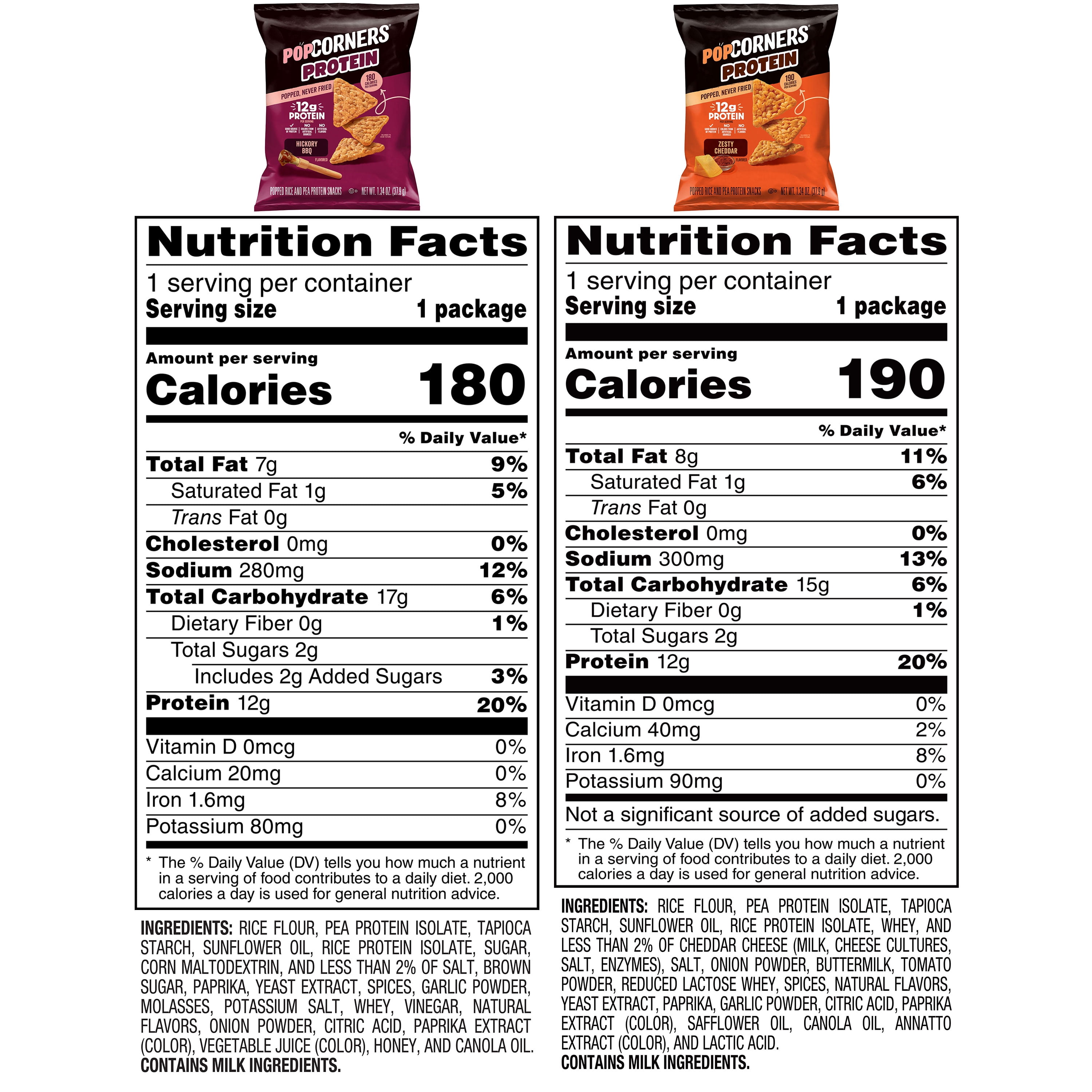 PopCorners 12g Protein, No Artificial Colors, Zesty Cheddar and Hickory BBQ Popped Corn Protein Chips, 8 pack