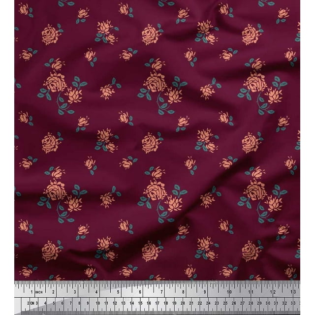 Soimoi Tissu Popeline de Coton Feuilles & Roses Imprimé Floral Tissu au Mètre 42 Pouces de Large