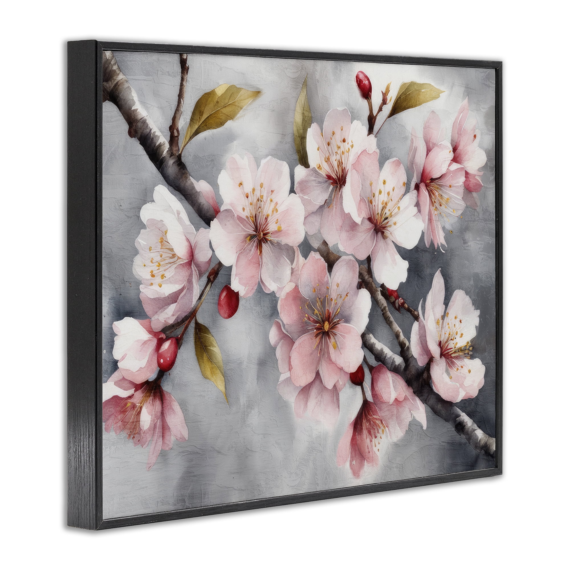 Stupell Industries Blossoms On Grey Botanical & Floral Painting Black Framed Art Print Wall Art, 14 x 11
