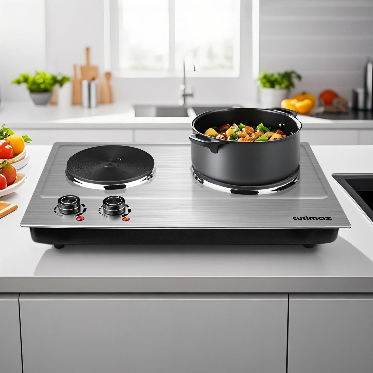 CUSIMAX 1800W Portable Double Burner Hot Plate – Stainless Steel Countertop Electric Cooktop with Dual Cast Iron Heating Plates, Easy-to-Clean Silver Design, Upgraded Version