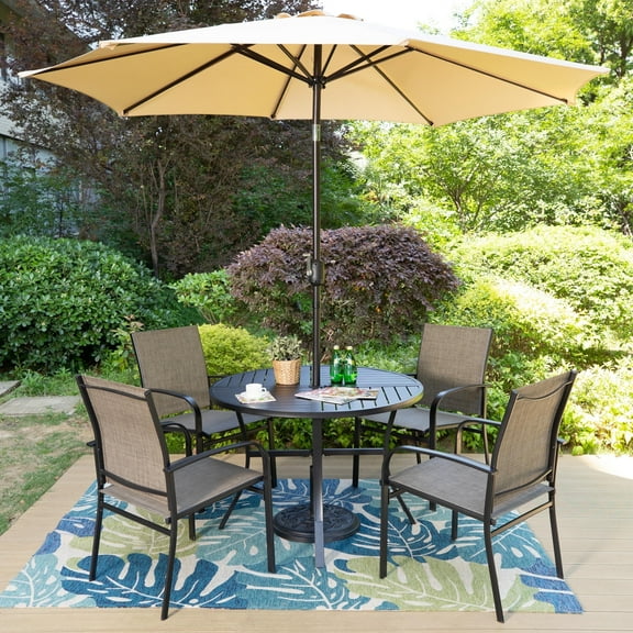 Summit Living 6-Piece Outdoor Patio Dining Set with Metal Steel Round Table & 4 Textilene Chairs & 9ft Patio Beige Umbrella, Black & Tan