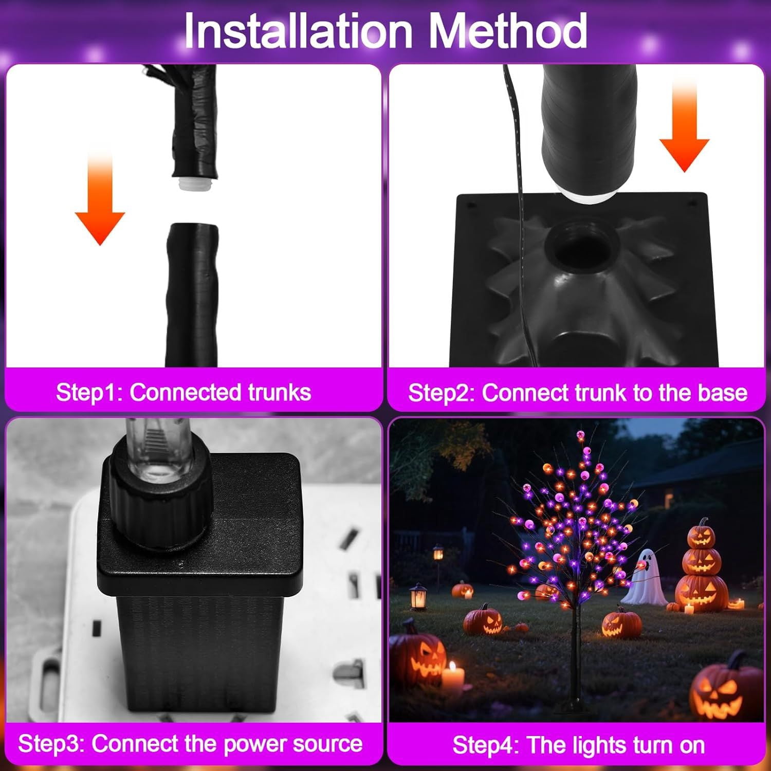 6FT Halloween Decorations Spooky Tree Lights, Large Black Trees with 144 Orange & Purple LEDs, Light up Artificial Tree with Time Function for Outdoor Indoor Home Party Decor