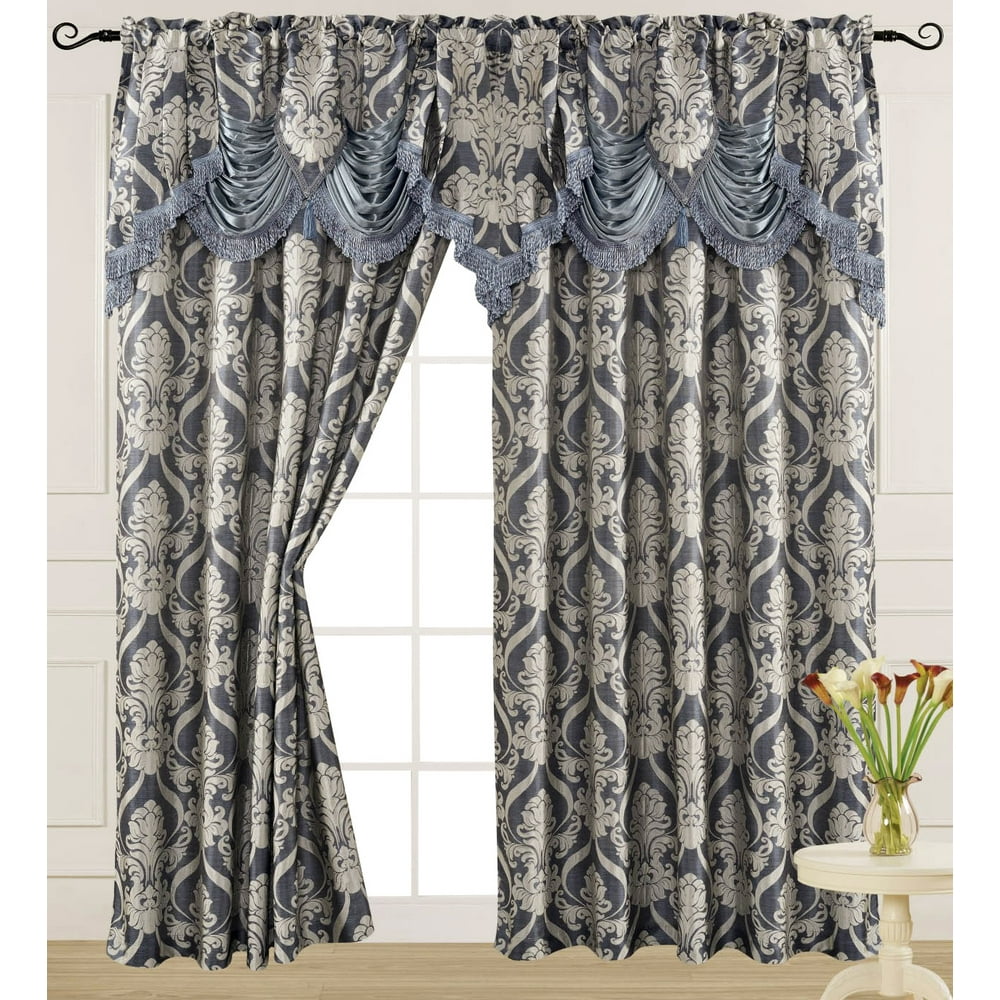 Luxury Jacquard Curtain Panel with Attached Waterfall Valance, 54 by 84