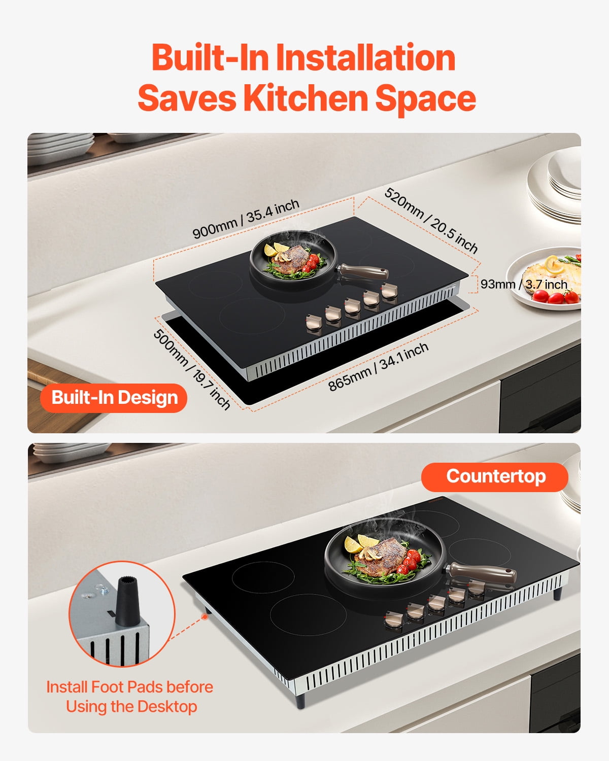 KFFKFF Induction Stove, 9200W Electric Kitchen Burner, 5 Control Knobs, Integrated Induction Stove with 12 Heat Levels, Glass Top, Automatic Power-Off