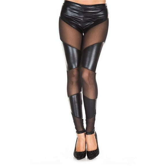 Music Legs Women's Women's Angular Mesh Insets Wet Look Leggings; Black 35133-BLACK