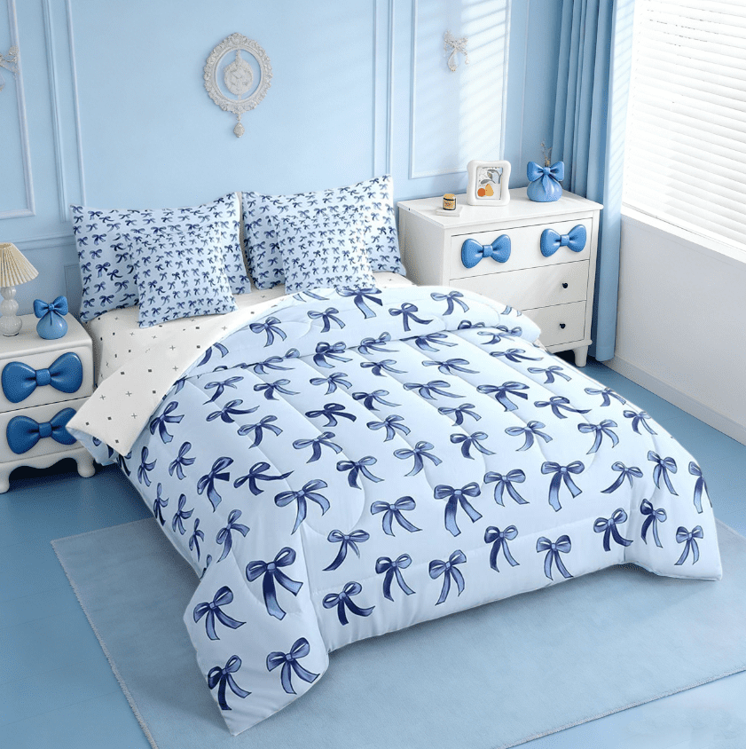 Manfei Cute Bowknot Bedding Comforter Set 7 Pieces,Girls Ribbon Bow Full Bedding Set,Dreamy Blue Fitted Sheet Flat Sheet For Girls,Super Cozy Bedroom Decor,Reversible